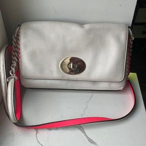 Coach 53235 Whiplash Lace Leather Crossbody Bag Chalk White Neon Pink Trim NWT